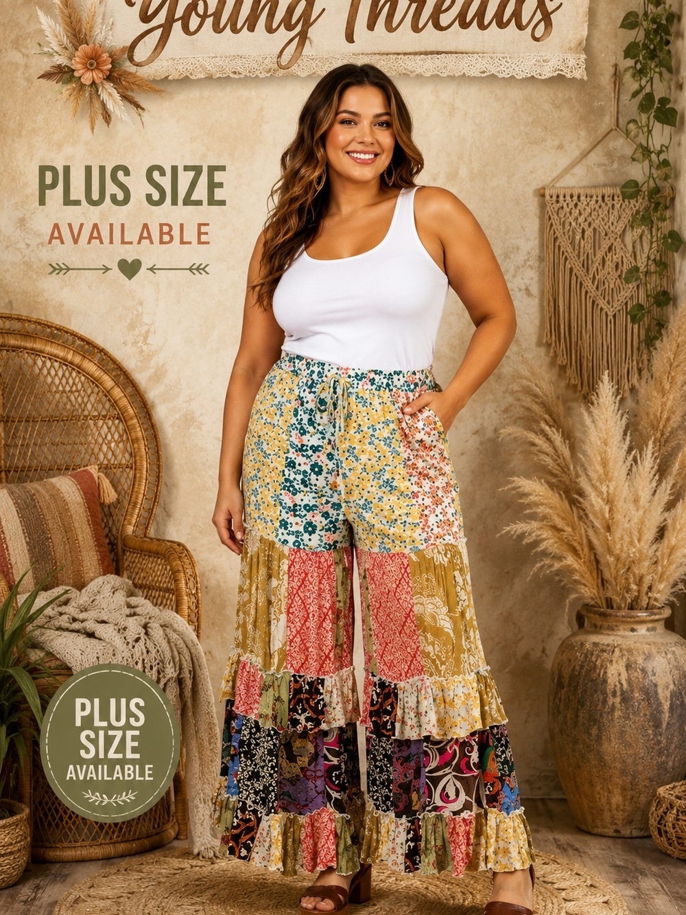 127 Plus Size Floral Patchwork Wide-Leg Pants — White Multi